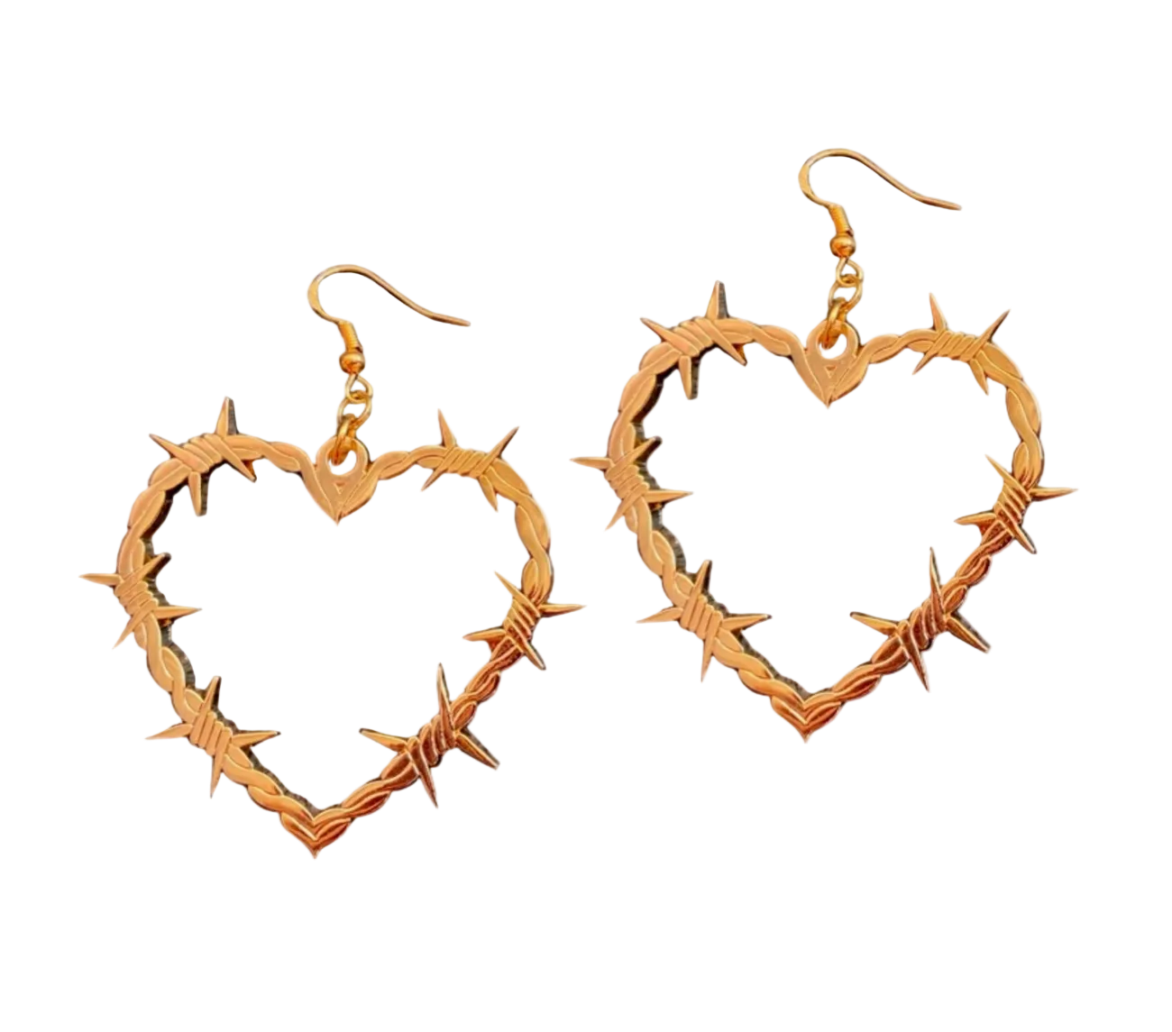 Heart-shaped barbed wire earrings on a white background
