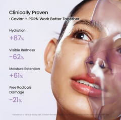 Woman using a mask with clinical benefits displayed on a white background