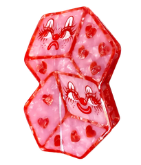 Pink and red dice with cartoon faces on a white background