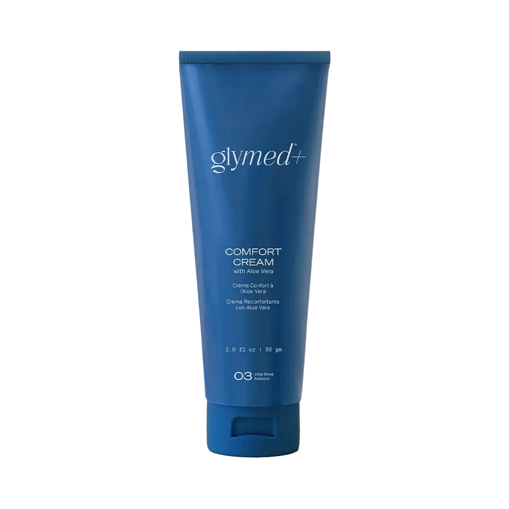 A blue squeeze tube of glymed+ Comfort Cream with face & body, shown on a light gray background with a soft shadow.