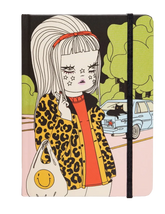 Notebook with a design of a person wearing a leopard print jacket and red shirt, with a car and trees in the background.