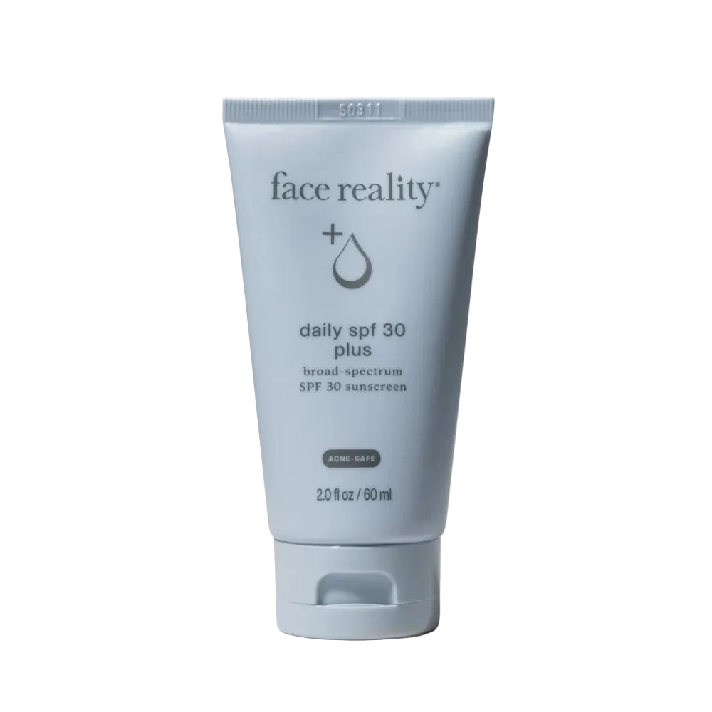 blue tube with daily spf 30 plus and face reality logo