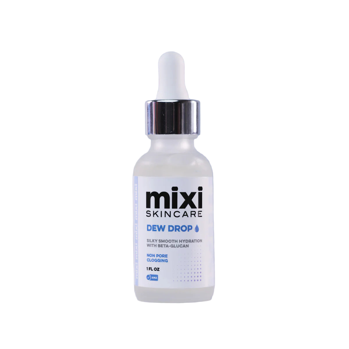 Skincare dropper bottle labeled 'mixi Skincare' on a light gray background