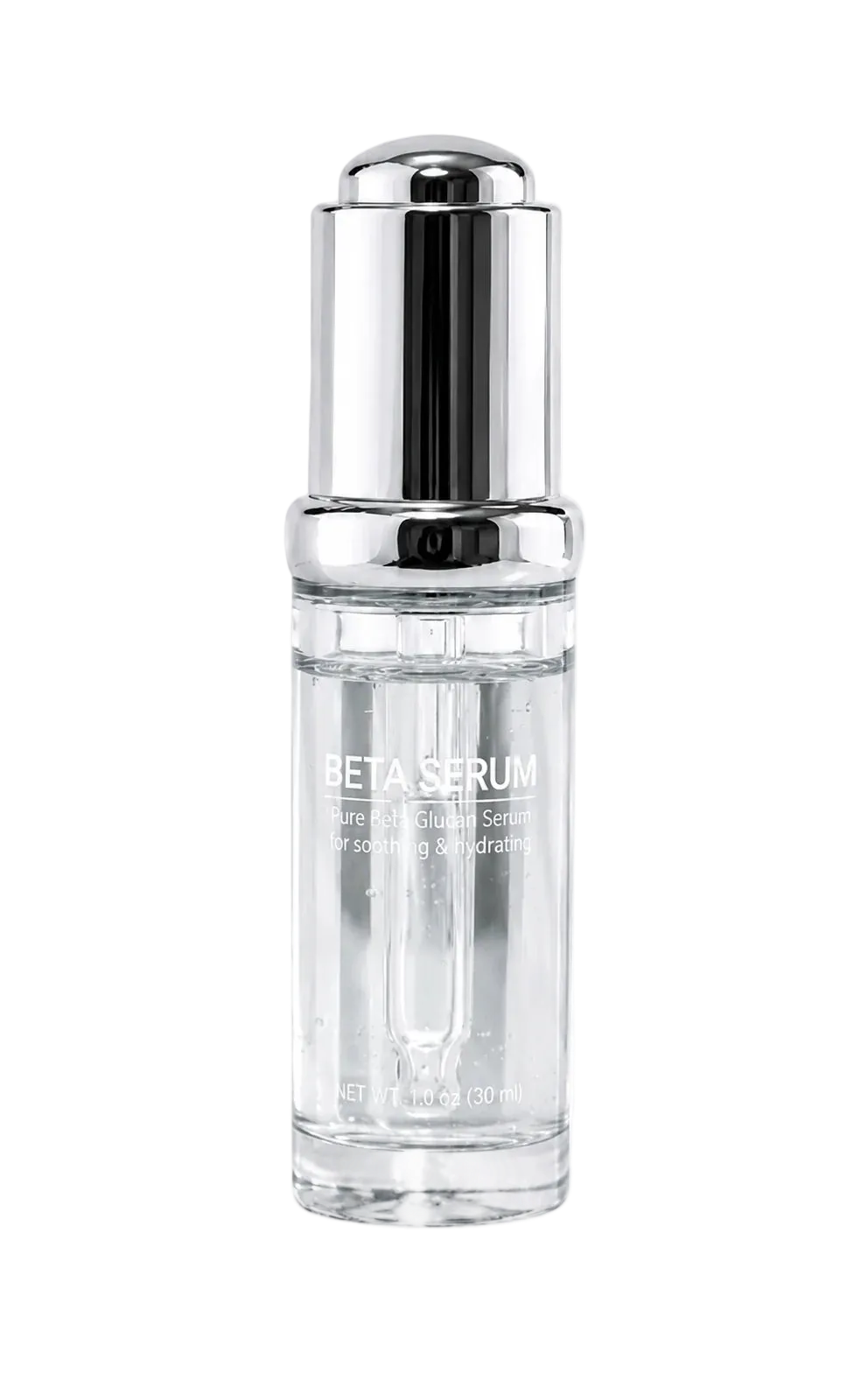 A clear glass skincare dropper bottle with a reflective silver pump dispenser, labeled 'BETA SERUM', on a plain white background.