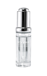A clear glass skincare dropper bottle with a reflective silver pump dispenser, labeled 'BETA SERUM', on a plain white background.
