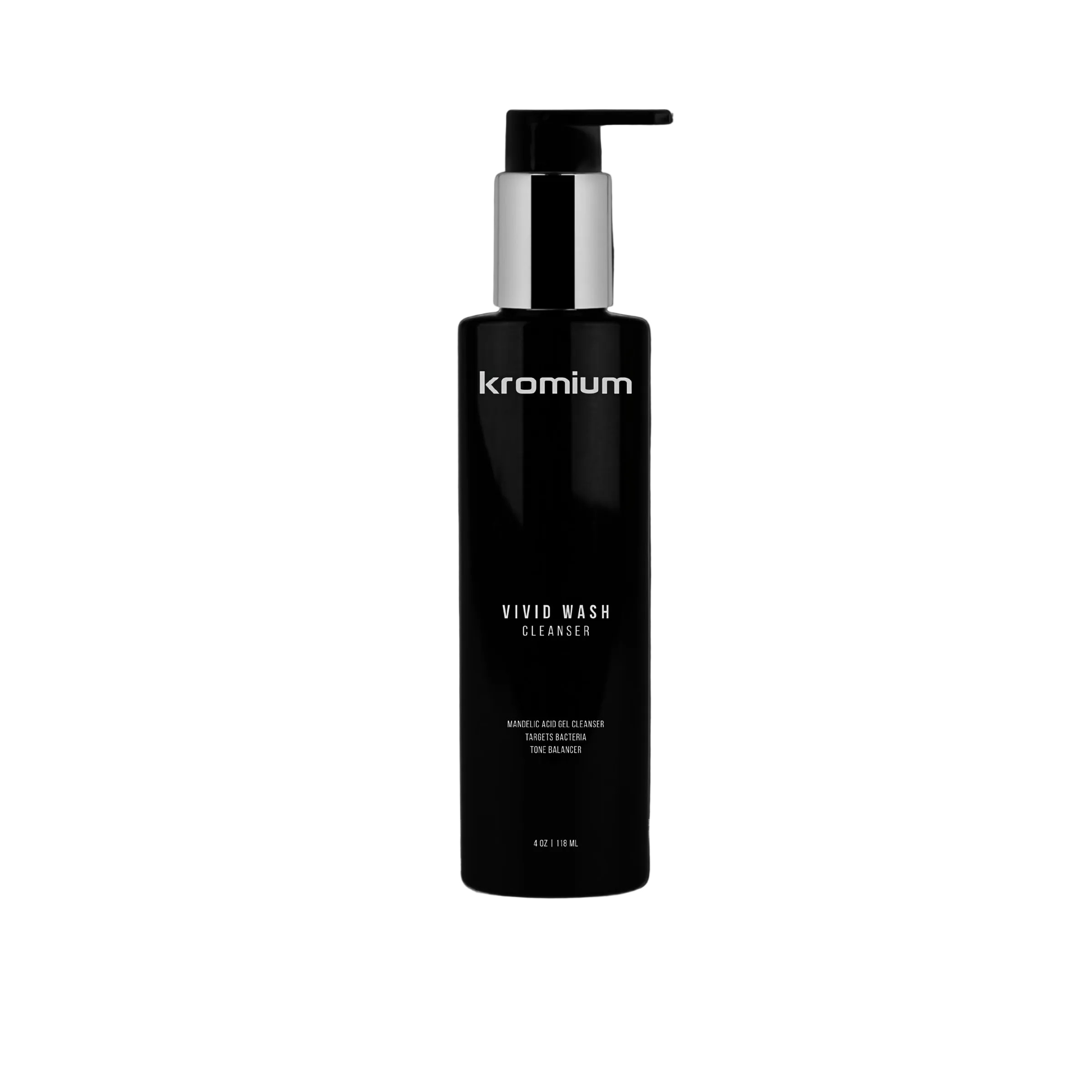 A black cylindrical pump bottle labeled 'kromium' and 'VIVID WASH CLEANSER' stands centered on a dark marble-patterned pedestal against a black background.