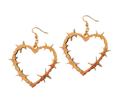 Heart-shaped barbed wire earrings on a white background