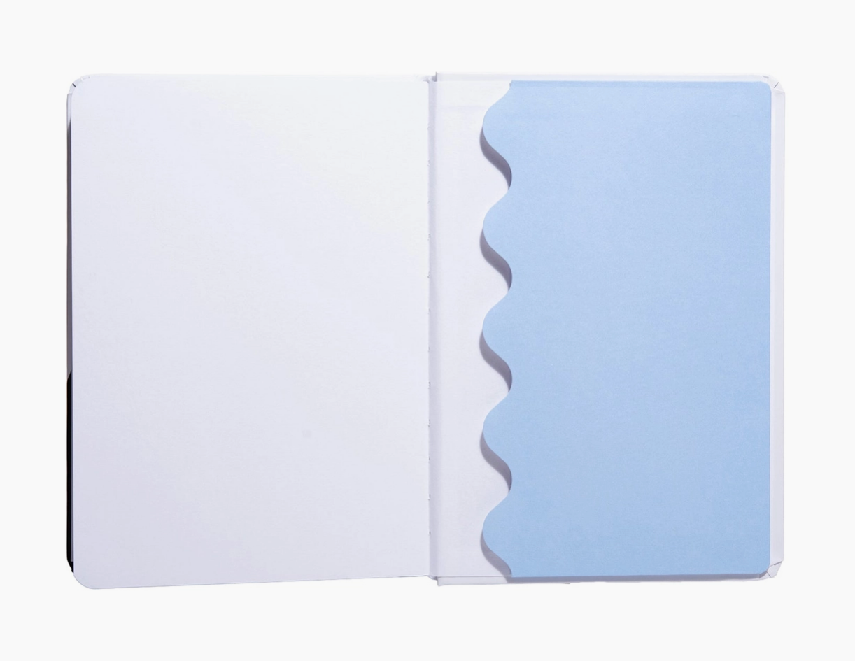 Notebook with a light blue wavy design on a white background