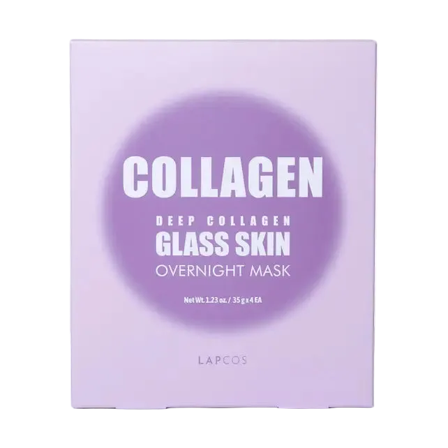 LAPCOS Collagen Deep Collagen Glass Skin Overnight Mask box in a light lavender purple color with white text, set against a clean white background.