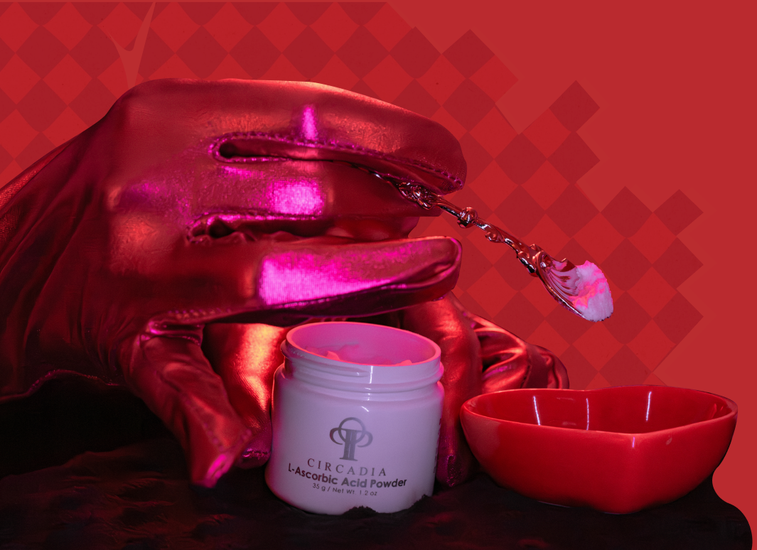 Circadia L-Acetic Acid Powder with a red container and spoon on a red background