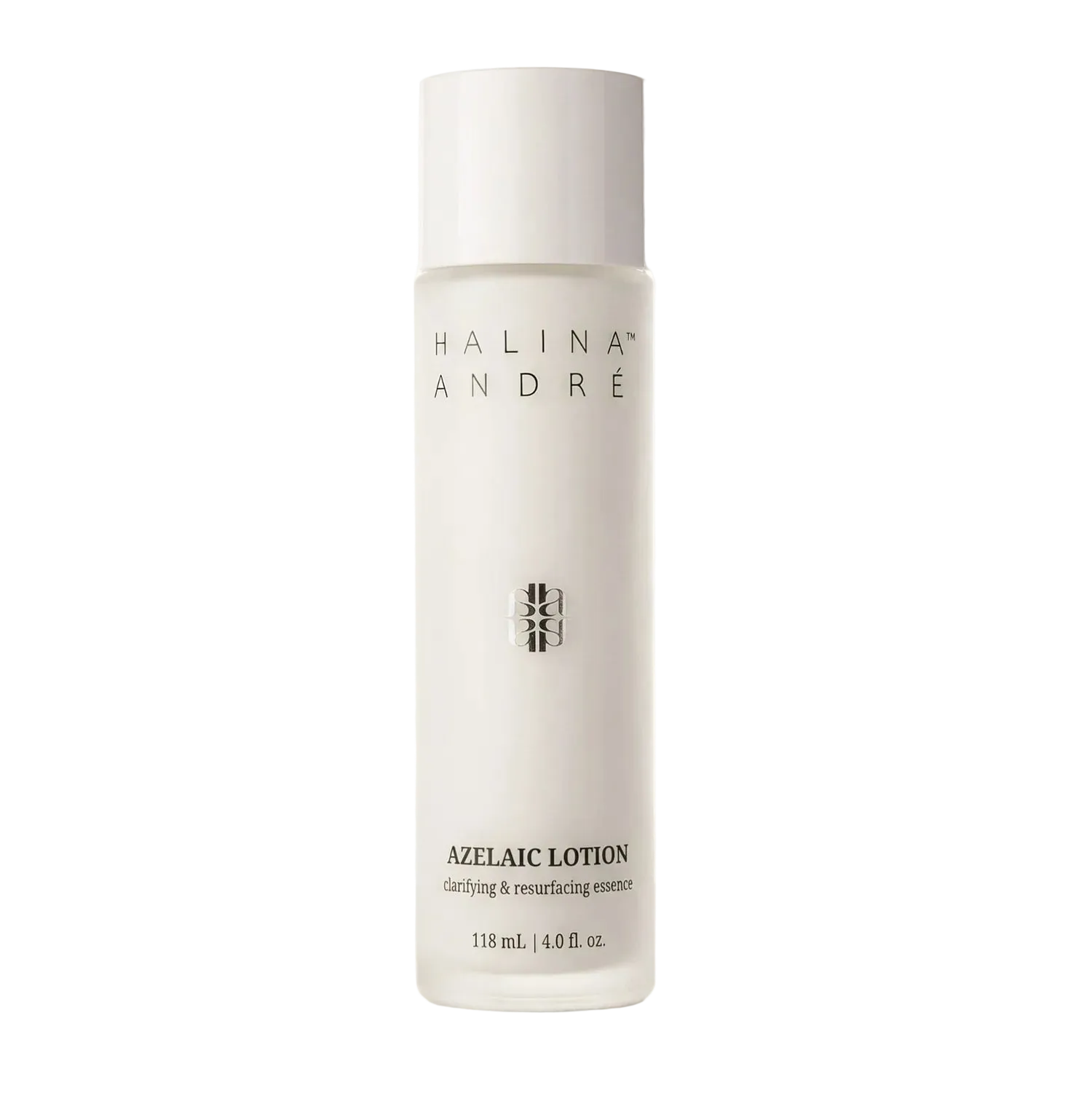 A tall, cylindrical white bottle of Halina André Azelaic Lotion with black text, centered on a clean white background with a soft reflection below.