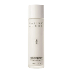 A tall, cylindrical white bottle of Halina André Azelaic Lotion with black text, centered on a clean white background with a soft reflection below.