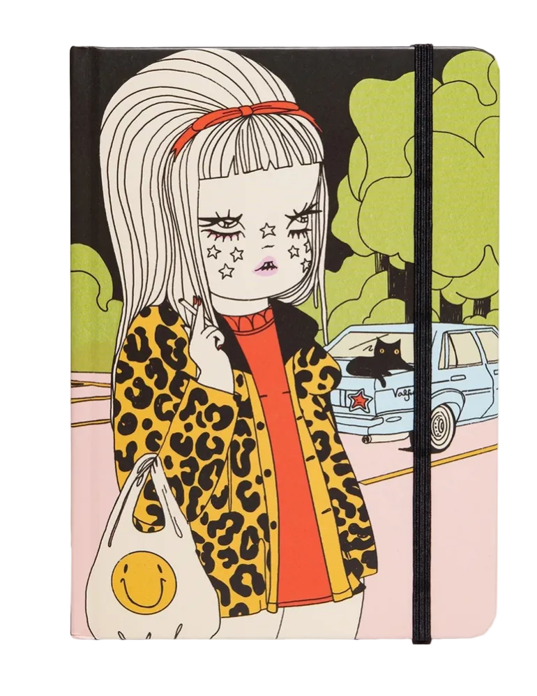 Notebook with a design of a person wearing a leopard print jacket and red shirt, with a car and trees in the background.