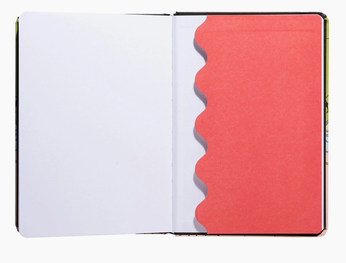 Open notebook with a pink cover on a white background