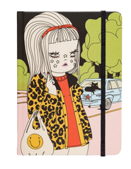 Notebook with a design of a person wearing a leopard print jacket and red shirt, with a car and trees in the background.