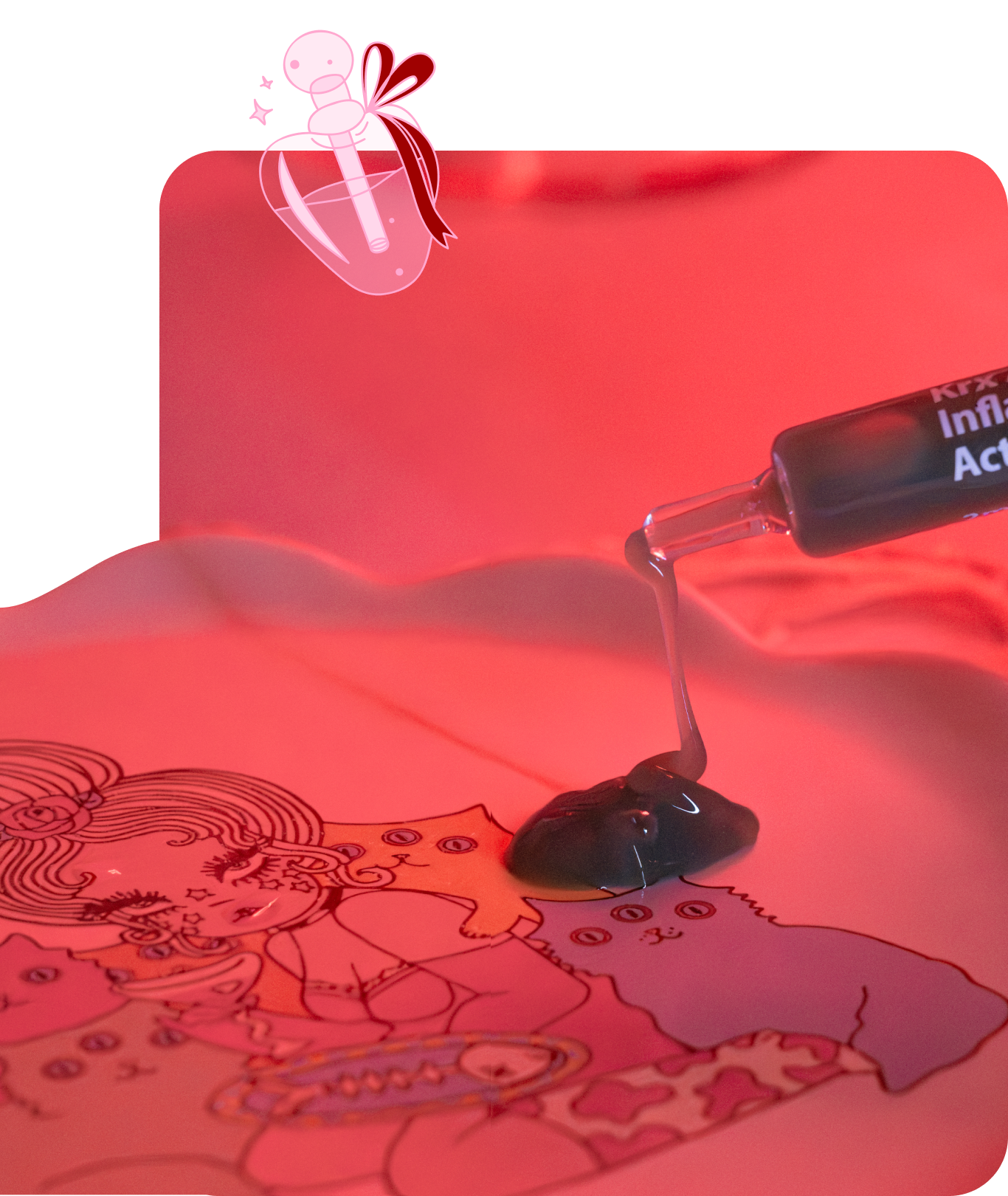 Inflatable pool raft with a straw and pink heart icon on a red background