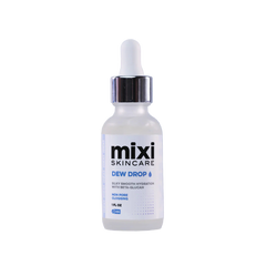 Skincare dropper bottle labeled 'mixi Skincare' on a light gray background