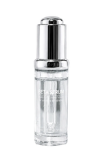 A clear glass skincare dropper bottle with a reflective silver pump dispenser, labeled 'BETA SERUM', on a plain white background.